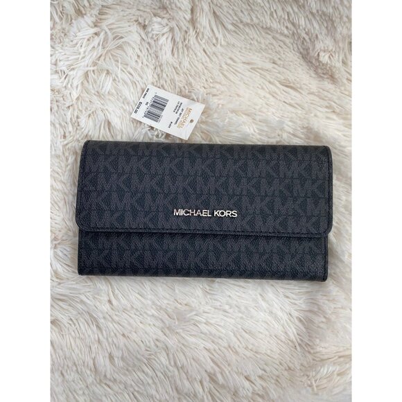 Michael kors trifold wallet card case wallet purse large black MK signature - Picture 1 of 3